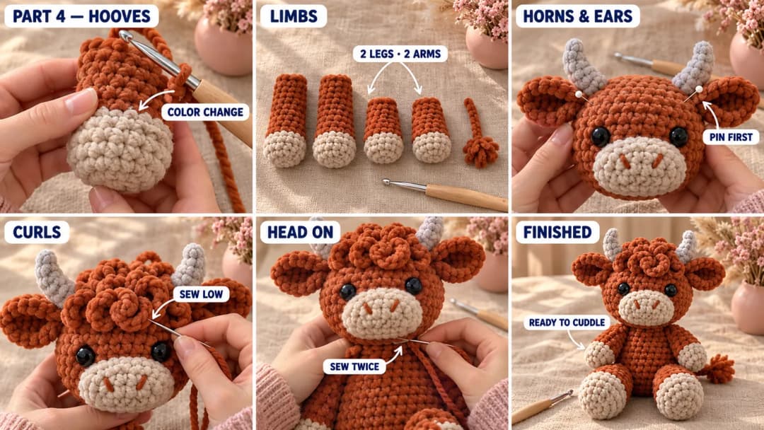 Step 4 of the crochet highland cow pattern: two legs and two arms starting in oatmeal for the hooves and switching to rust, a thin rust tail with a fluffy tuft, the horns and cupped ears pinned on the head, the coil of curls sewn between the horns, the head sewn twice around the neck, and the finished highland cow sitting with its legs stretched out in front