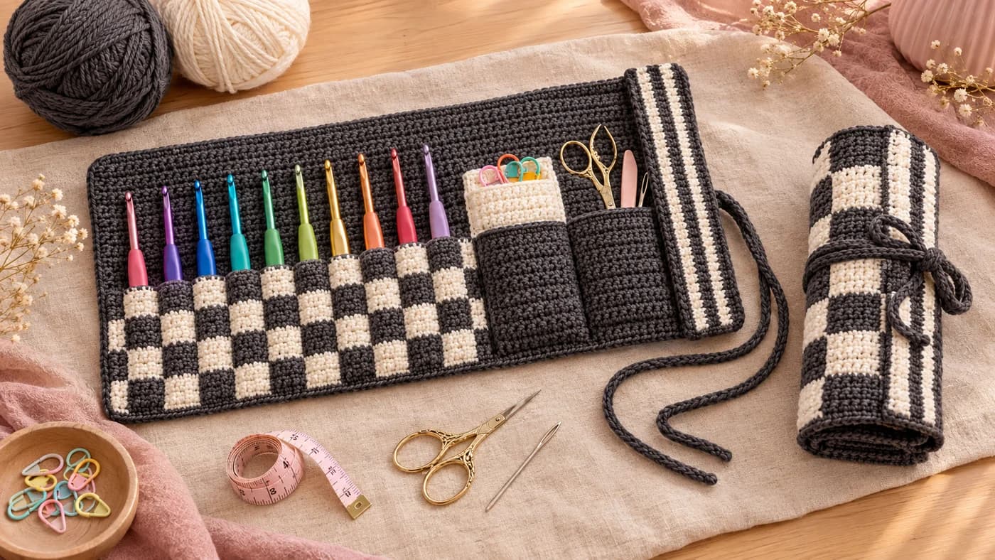 Crochet hook case pattern: an open charcoal and white checkerboard roll-up on a linen cloth, ten colorful soft-grip hooks in their slots, scissors and stitch markers in the notions pockets, a striped flap and a long chain tie, with a second case rolled up and tied beside it