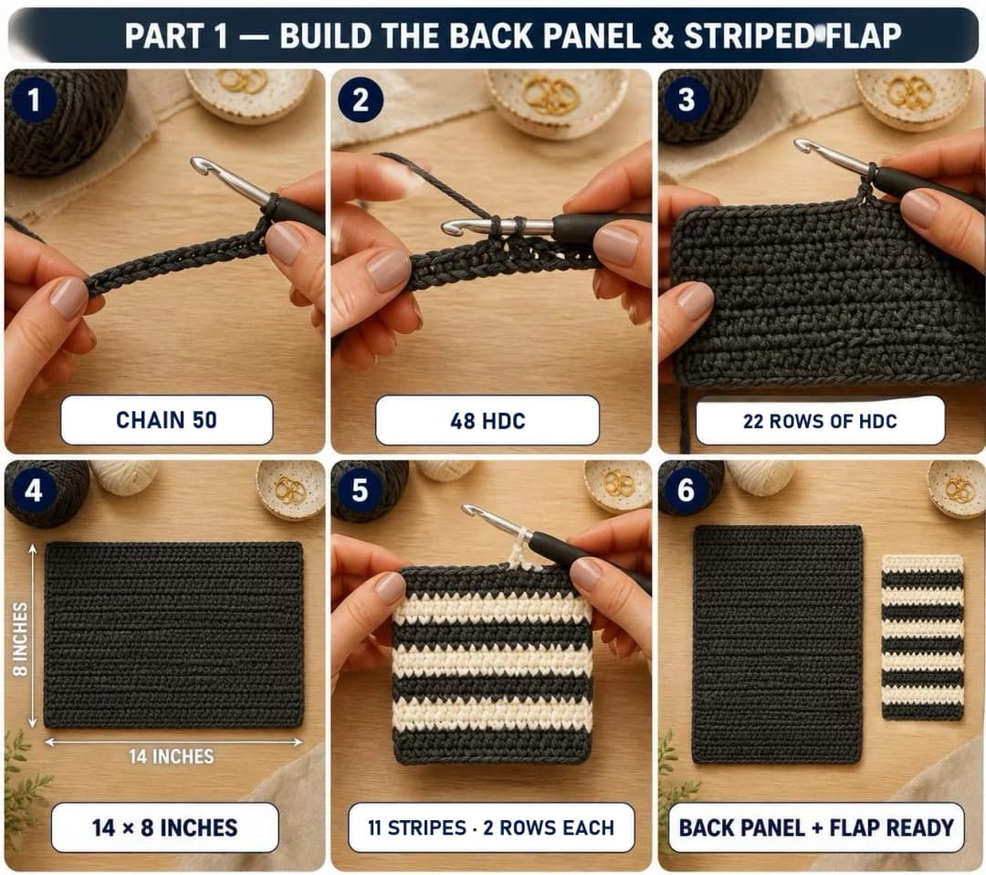 Part 1 of the crochet hook case: chain 50 in charcoal, 48 half double crochet, 22 rows for a 14 by 8 inch back panel, and the flap in 11 white and charcoal stripes of 2 rows each