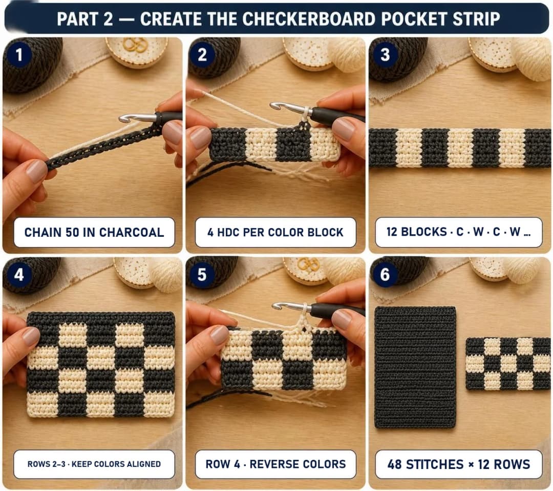 Part 2 of the crochet hook case: chain 50 in charcoal, 4 half double crochet per color block, a row of 12 blocks, rows 2 to 3 keeping the colors aligned, row 4 reversing the colors, and the finished checkerboard pocket strip of 48 stitches and 12 rows