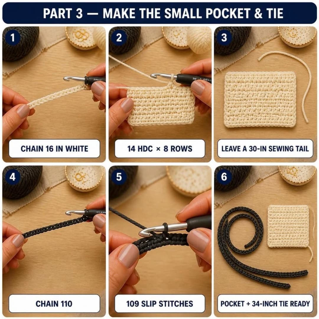 Part 3 of the crochet hook case: chain 16 in white, a small pocket of 14 half double crochet and 8 rows with a 30-inch sewing tail, and a charcoal tie of 110 chains with 109 slip stitches worked back along the chain