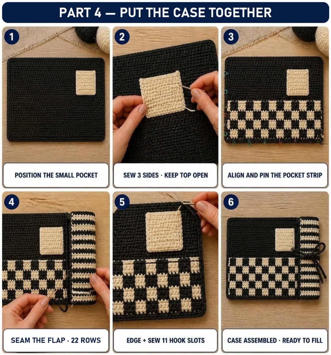 Part 4 of the crochet hook case: positioning the small white pocket, sewing its 3 sides with the top open, pinning the checkerboard pocket strip, seaming the striped flap along 22 rows, edging and sewing the 11 hook slots, and the assembled case ready to fill