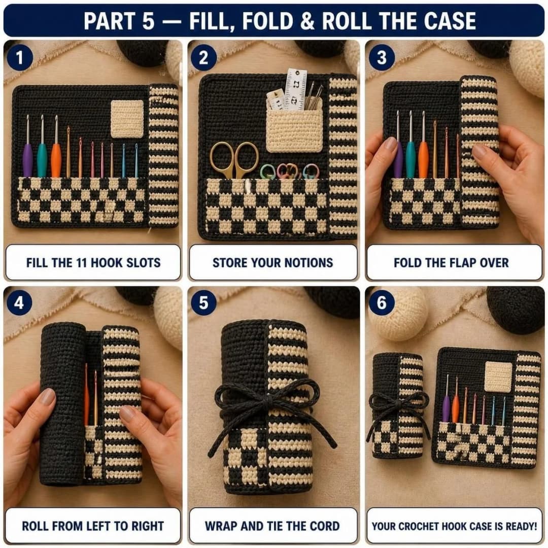 Part 5 of the crochet hook case: filling the 11 hook slots, storing scissors, stitch markers and a tape measure, folding the striped flap over, rolling from left to right, wrapping and tying the charcoal cord, and the finished hook case rolled and open