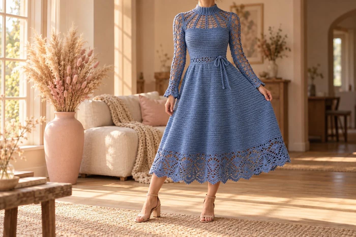 Long-sleeved crochet maxi dress in cornflower blue cotton with a ribbed mock neck, an open spiderweb lace yoke and lace sleeves, a fitted bodice, a lace waist band with a thin tie bowed at the front and a full skirt ending in a deep fan lace hem