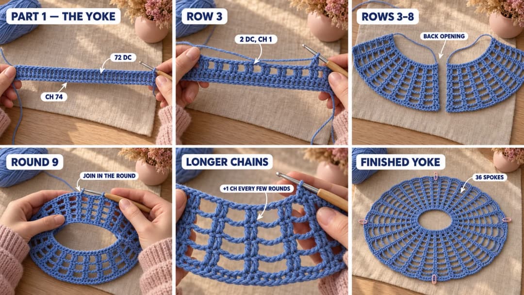 Crocheting the spoke lace yoke of the crochet maxi dress from the neckline down: columns of 2 double crochet in cornflower blue cotton with chains between them that grow longer every few rounds and hang in small arches