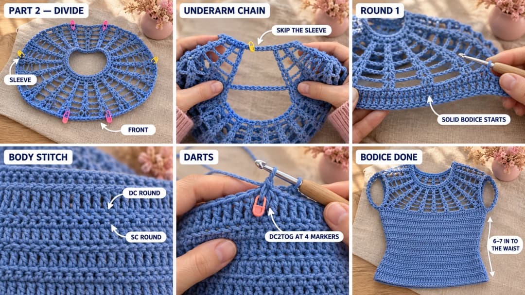 Dividing the crochet maxi dress at the underarms: the spoke lace yoke turning into a solid bodice of alternating double and single crochet rounds, with underarm chains, the sleeve spokes left waiting and dart markers on the front