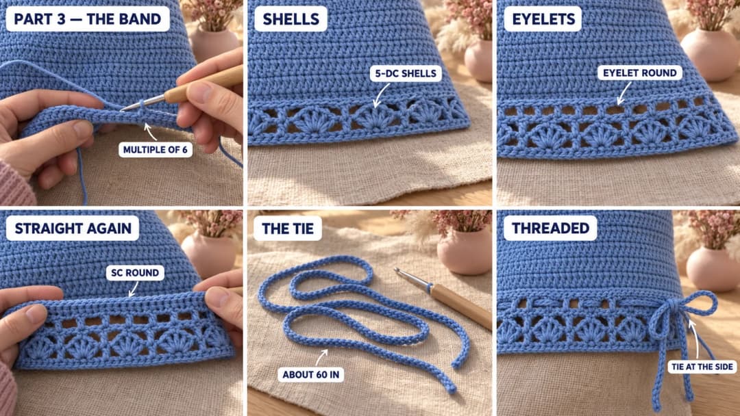 Making the shell lace waist band of the crochet maxi dress: a round of five double crochet shells, a round of eyelets that straightens the edge, a single crochet round, and a long slip-stitch tie threaded through the eyelets