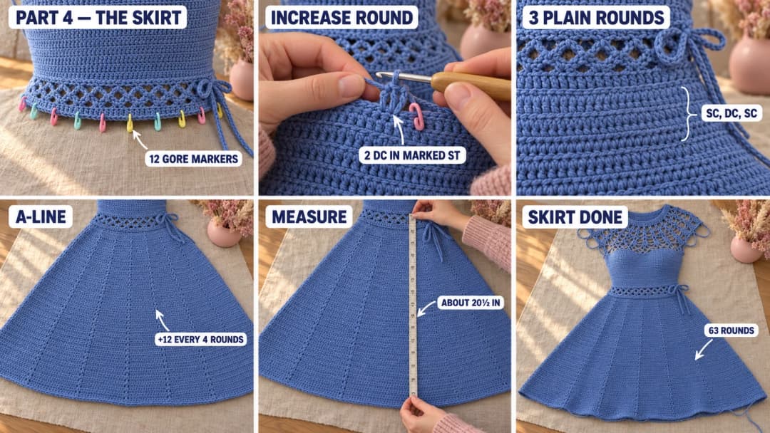 Working the A-line skirt of the crochet maxi dress top-down in rounds of double and single crochet, with 12 gore markers where the increases stack