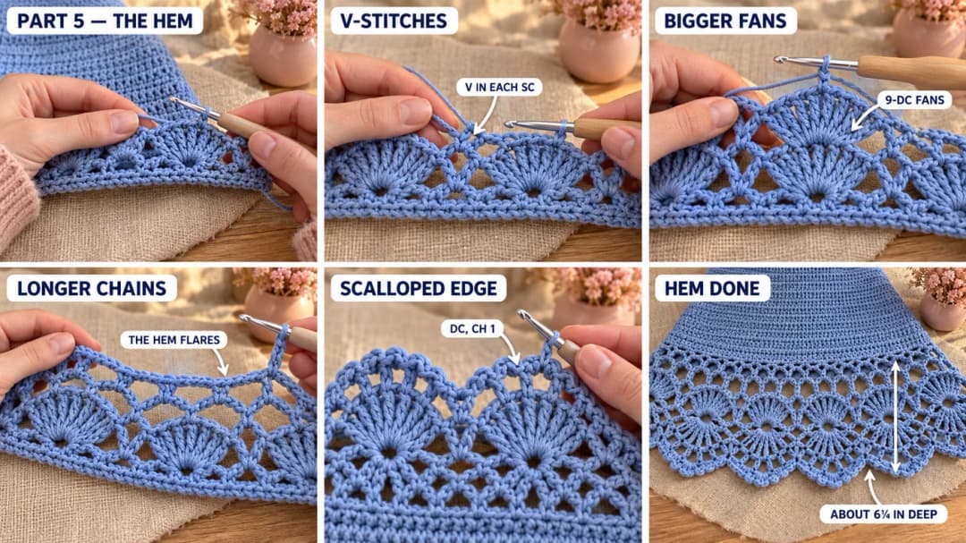 Crocheting the fan lace hem of the crochet maxi dress: fans of double crochet sitting on single crochet, V-stitches between them, and the final scalloped edge of double crochet and chain 1