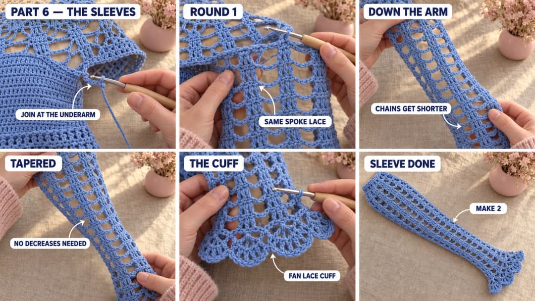 Crocheting the spoke lace sleeves of the crochet maxi dress down from the underarm, the chains getting shorter toward the wrist, finished with a small flared fan lace cuff