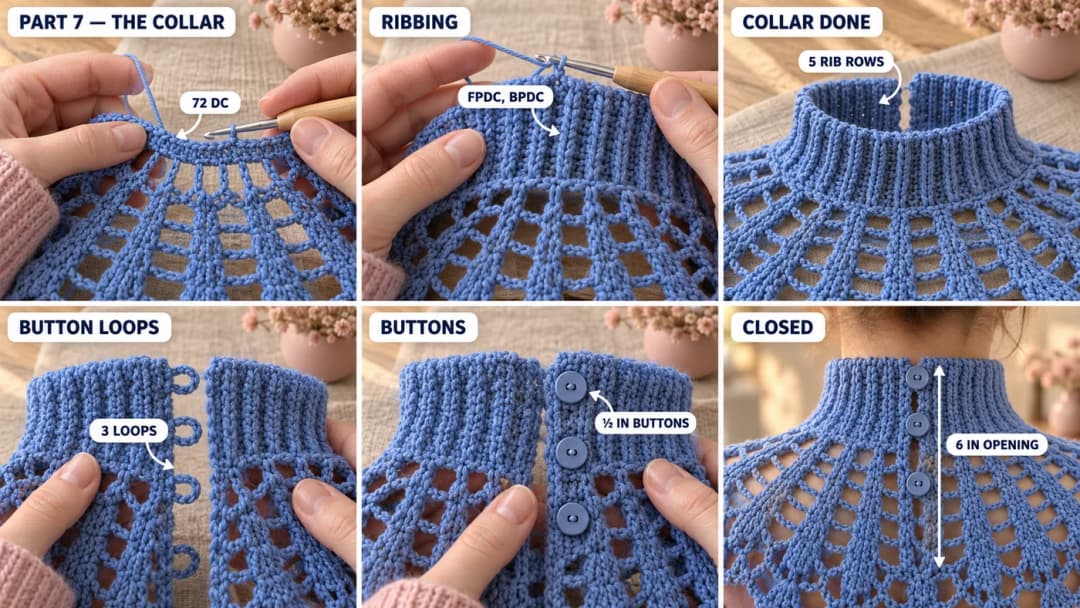 Making the ribbed mock neck collar of the crochet maxi dress in front and back post double crochet, edging the back opening and sewing three small buttons opposite the chain loops
