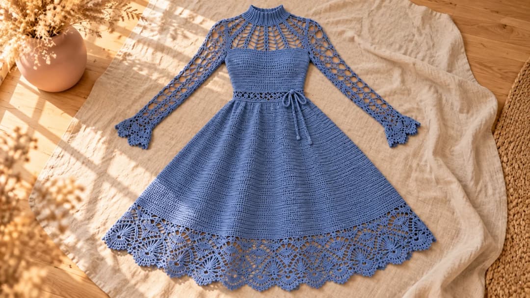 The finished cornflower blue crochet maxi dress laid flat after blocking, with the spiderweb yoke spread evenly, long lace sleeves, a tie bowed at the front of the waist and the fan lace hem spread into scallops