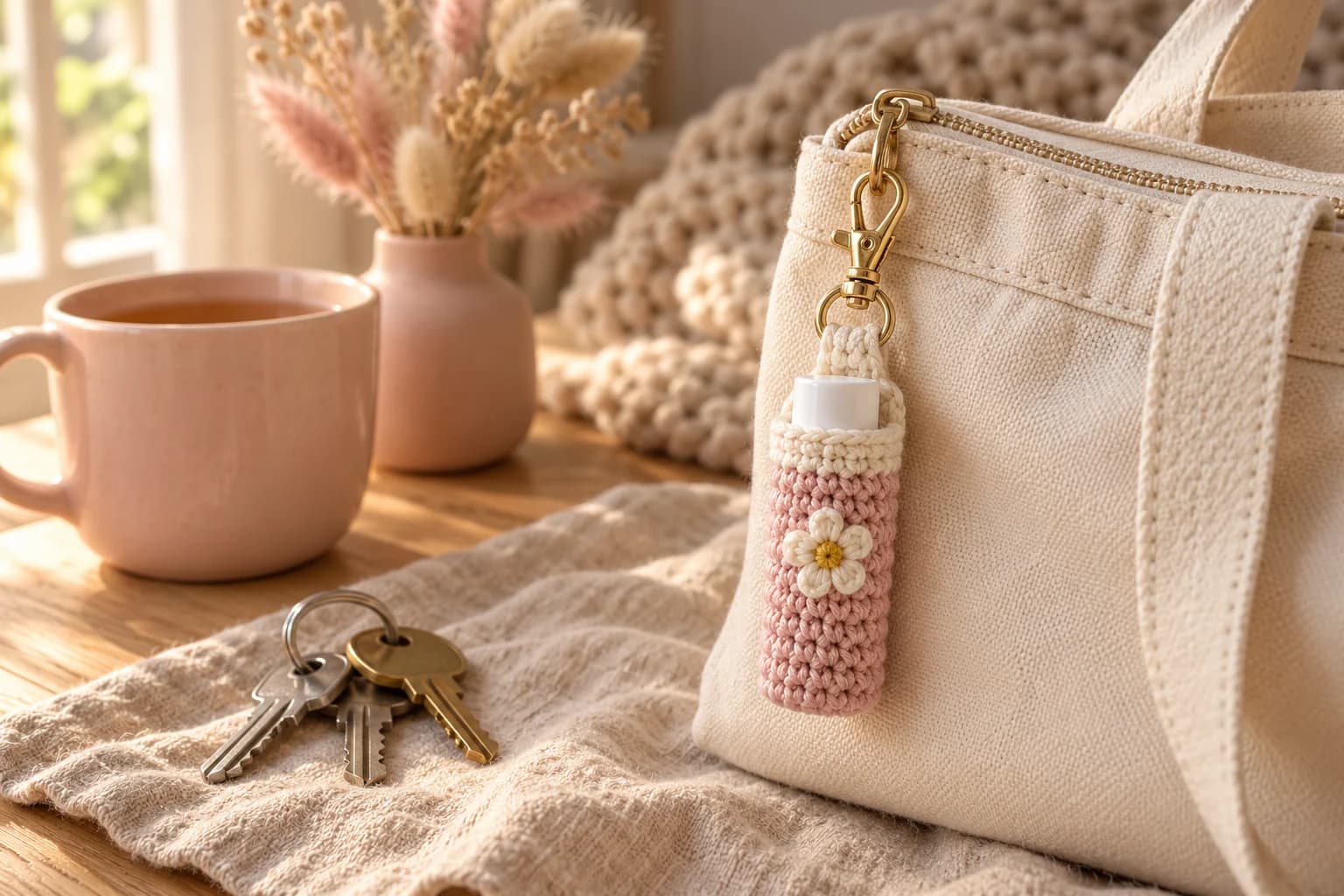 Crochet lip balm holder keychain pattern: a small blush pink crochet sleeve with a cream top band and a cream five-petal flower with a yellow center, holding a lip balm tube whose cap peeks out of the top, hanging from a fold-over cream tab on a gold swivel clasp clipped to the zipper of a cream canvas tote, next to a set of keys and a blush pink mug of tea