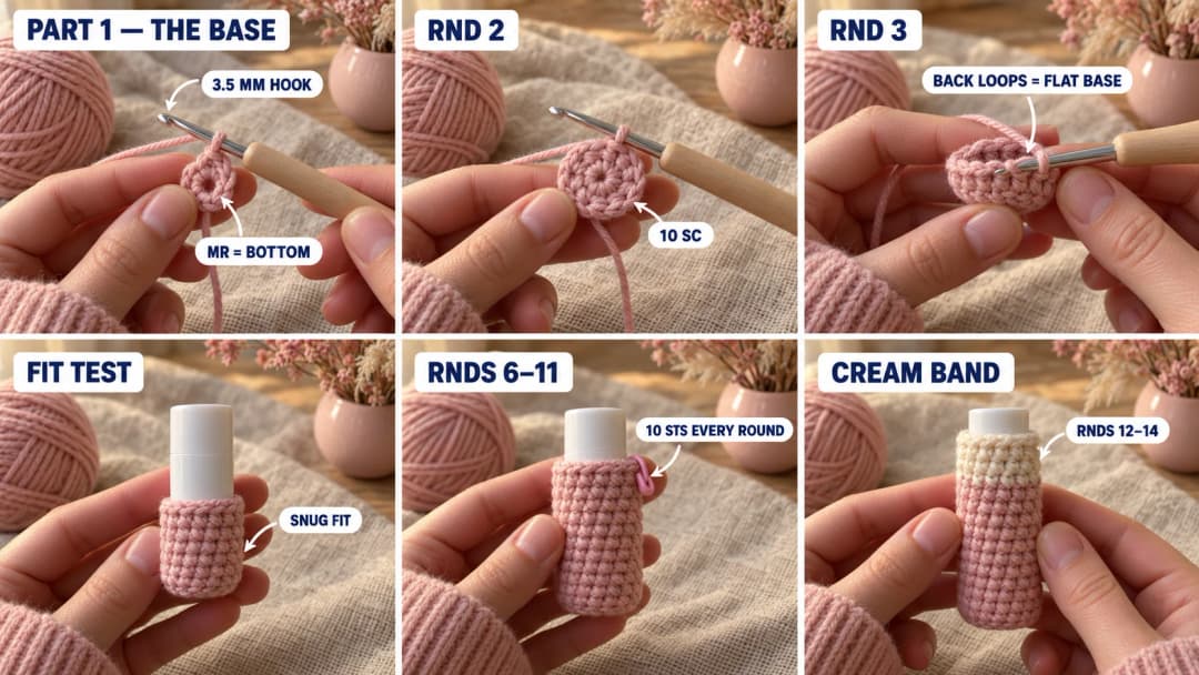 Step 1 of the crochet lip balm holder keychain pattern: a blush magic ring of 5 single crochet on a 3.5 mm hook, a flat blush circle of 10 stitches, the back loop round that turns the base, the lip balm tube slid in for the fit test, the blush tube growing taller, and the cream top band worked at the rim