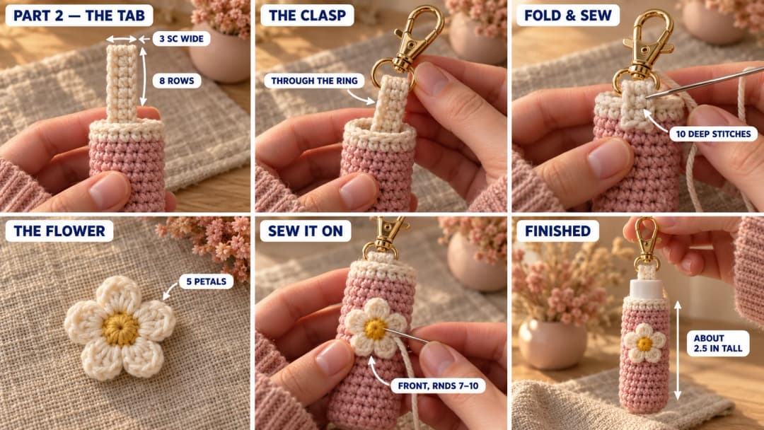 Step 2 of the crochet lip balm holder keychain pattern: a short cream tab worked in rows of 3 single crochet, the tab slid through a gold swivel clasp, the tab folded down and sewn to the outside of the cream band with deep stitches, a tiny yellow and cream five-petal flower, the flower sewn on the front, and the finished lip balm holder keychain with its tube inside