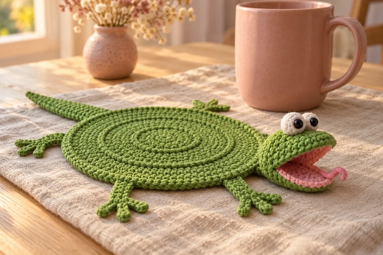 Crochet lizard coaster: a flat round leaf green cotton coaster with three raised rings, a stuffed green lizard head lifting up at one edge with an open pink mouth, a pink tongue and two round white eyes with black pupils, four thin legs with three little toes each and a tapered tail, on an oatmeal linen cloth next to a blush pink mug