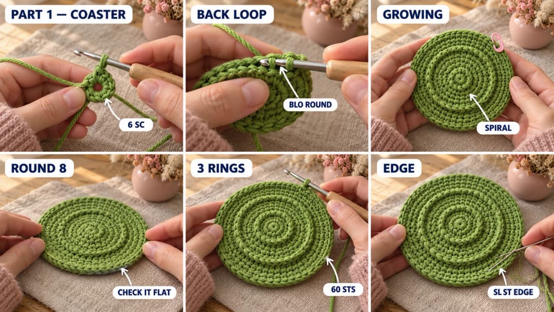 Part 1 of the crochet lizard coaster: a green magic ring with 6 single crochet, the first back-loop round leaving a raised ring of front loops, the flat circle growing with staggered increases, three raised rings, the loose slip stitch edge and the finished flat coaster about 4½ inches across