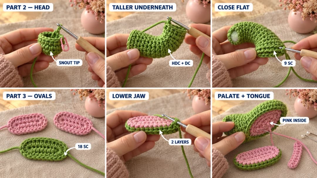Part 2 and 3 of the crochet lizard coaster: the green snout growing from a magic ring, the head with taller stitches on its underside curving upward, the opening flattened and closed with 9 single crochet, two pink ovals and a green oval around a chain of 9, the two-layer lower jaw joined in green, the pink palate sewn under the head and the little pink tongue