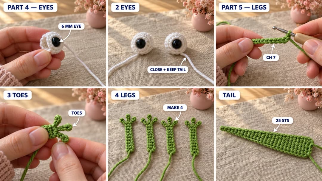 Parts 4 and 5 of the crochet lizard coaster: a white eyeball with a black 6 mm safety eye in the magic ring, two finished round eyes, a green chain of 7 with single crochet along it, three little toes fanned at the foot, four finished legs and the tapered tail with its long sewing tail at the wide end