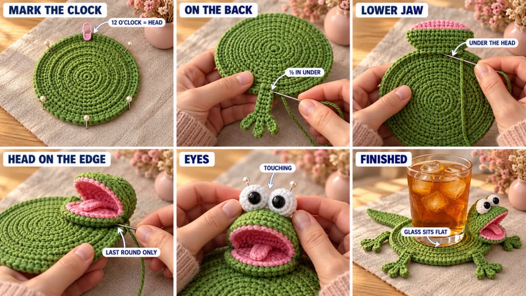Assembly of the crochet lizard coaster: pins at 10, 2, 4, 8 and 6 o'clock around the coaster, legs and tail whipstitched under the edge on the back, the lower jaw sewn under the head marker, the head sewn on the last round with its mouth open, white eyes pinned on top, and the finished popping lizard coaster with a glass of iced tea on it