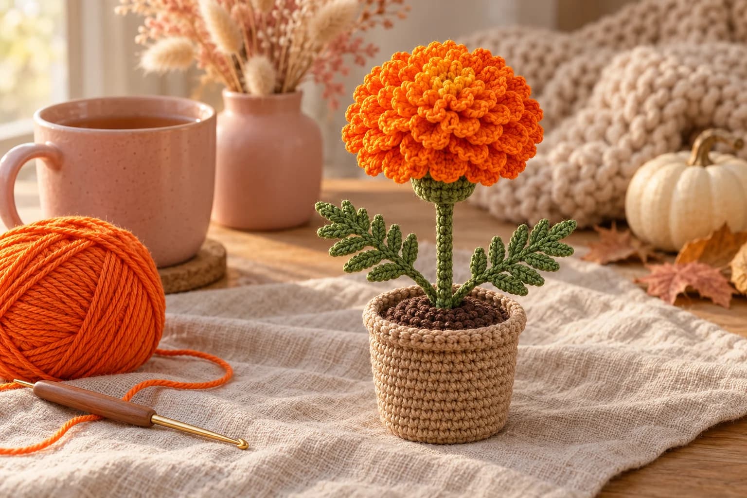 Crochet marigold flower pot pattern: a mini crocheted potted marigold with a big round ruffled orange flower with a golden center, a green calyx and stem, two feathery green leaves and a tan crochet pot filled with textured brown soil, on an oatmeal linen cloth next to a blush pink mug of tea, a ball of orange cotton with a crochet hook and a small white pumpkin