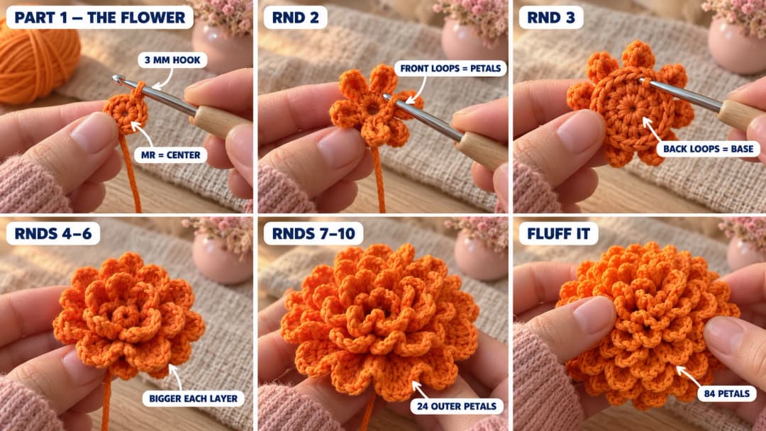 Step 1 of the crochet marigold flower pot pattern: an orange magic ring of 6 single crochet on a 3 mm hook, the first tiny petals in the front loops, the base round in the back loops, the layers of ruffled orange petals growing outward, and the finished round, domed marigold bloom