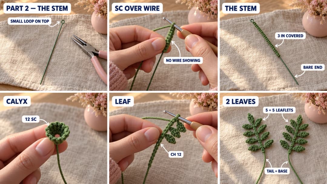 Step 2 of the crochet marigold flower pot pattern: floral wire with a small loop bent at the top, green single crochet worked over the wire, the covered green stem, a small green calyx cup, and two feathery green leaves with little leaflets along a chain spine