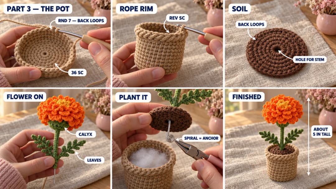 Step 3 of the crochet marigold flower pot pattern: a tan crochet pot with a flat base, the rope rim in reverse single crochet, a brown textured soil disc worked in back loops, the stem pushed through the soil and its wire bent into a spiral inside the stuffed pot, the soil sewn inside the rim, and the finished potted marigold with two feathery leaves