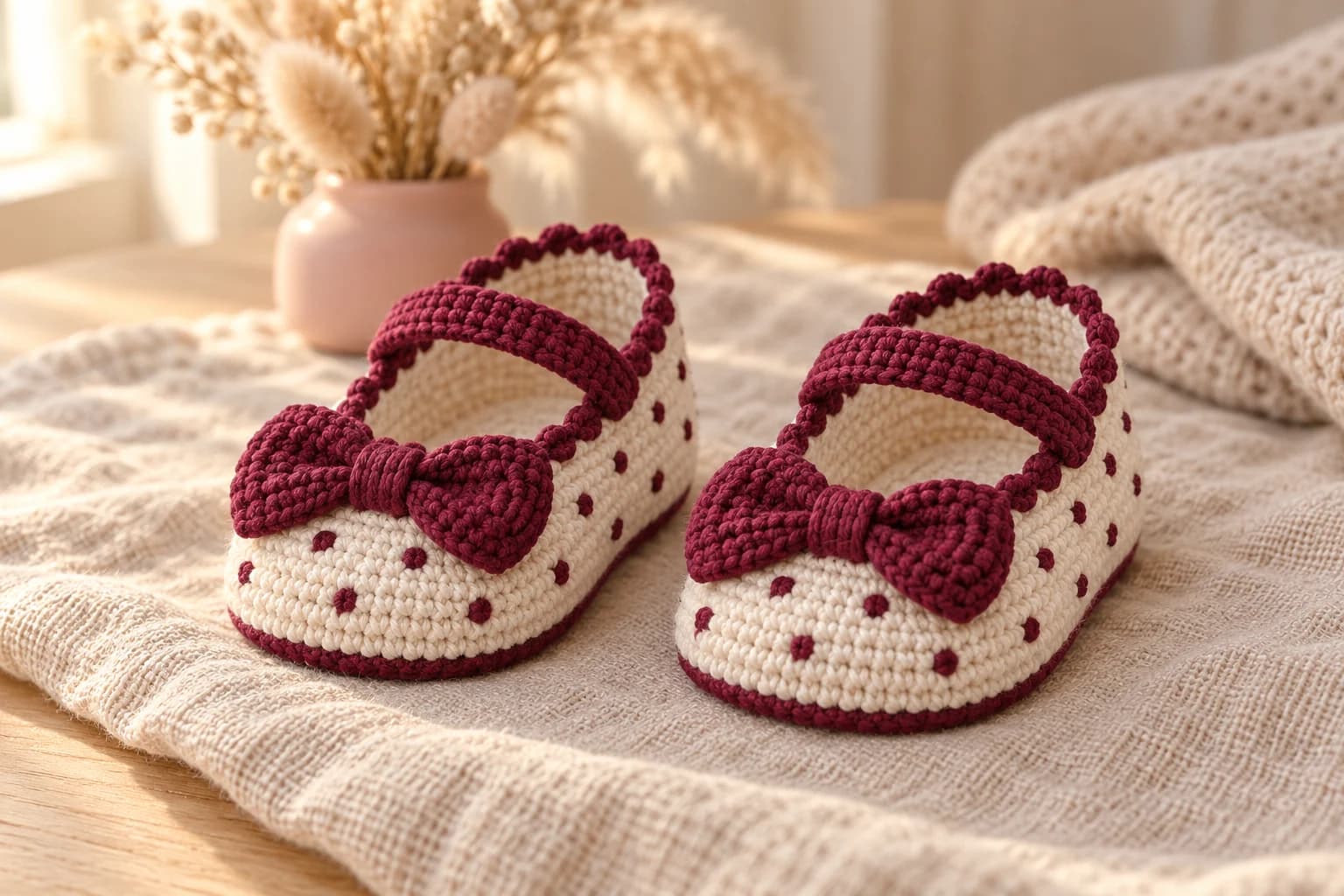 Cute crochet Mary Jane baby shoes on oatmeal linen: a pair of cream single crochet shoes with small embroidered burgundy dots, a burgundy line around the sole, a scalloped burgundy edge around the opening, a burgundy strap across the instep and a big burgundy bow on each toe