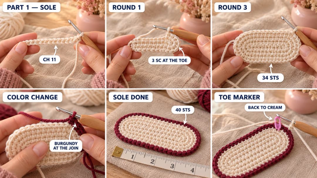 Step 1 of the crochet Mary Jane baby shoes: cream worsted cotton on a 4 mm hook working single crochet along both sides of a short chain, the oval growing with increases only at the rounded ends, a burgundy last round outlining the flat sole, and the finished sole about 3½ inches long