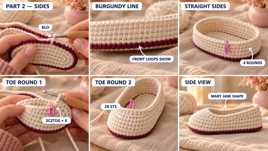 Step 2 of the crochet Mary Jane baby shoes: the cream sides rising from the burgundy-edged sole in single crochet, a burgundy ridge where the back loop round sits, then single crochet decreases across the front pulling the toe into a rounded cap and leaving a wide low opening