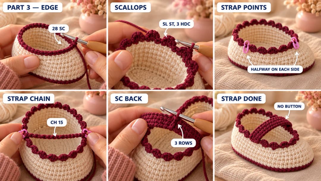 Step 3 of the crochet Mary Jane baby shoes: a round of burgundy single crochet around the opening, a row of small 3-hdc scallops, two stitch markers halfway along the sides, and a three-row burgundy strap crocheted across the opening from one side to the other