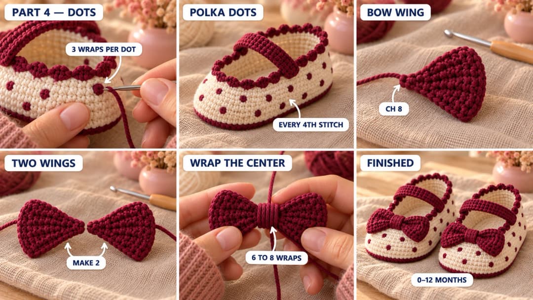 Step 4 of the crochet Mary Jane baby shoes: a tapestry needle filling a cream stitch with burgundy yarn to make a dot, staggered rows of dots around the sides, two burgundy fan-shaped bow wings, the wings wrapped in the middle into a bow, and the finished pair with bows sewn on the toes