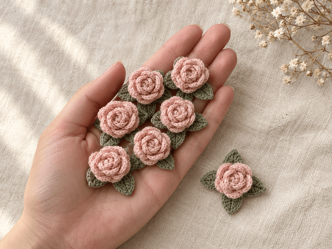 Seven blush pink crochet mini roses with sage green leaves resting on an open palm on cream linen
