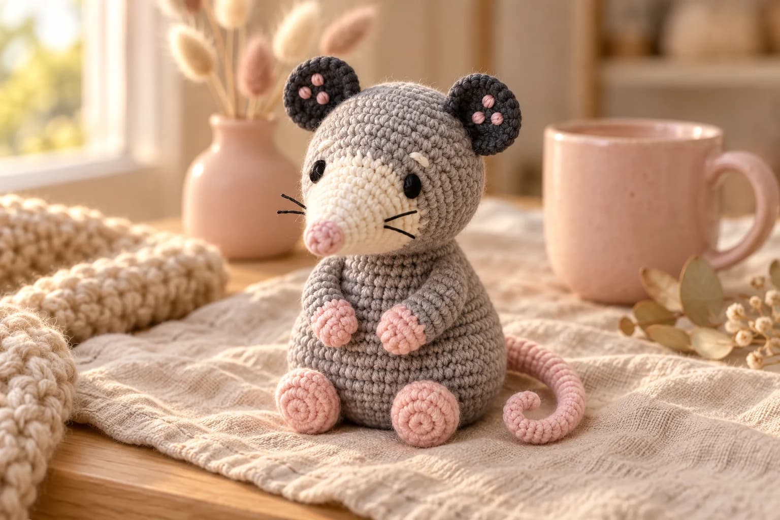 Crochet opossum amigurumi pattern: a mini sitting grey crochet opossum in cotton yarn with a round head, a pointed cream cone muzzle tipped with a round pink nose and black whiskers, embroidered black oval eyes with tiny cream brows, two dark charcoal round ears with three pink dots, grey arms with pink paws resting on the tummy, two round pink feet with spiral soles facing forward and a long soft pink tail curling out to the side into a loop at its tip, sitting on oatmeal linen in warm window light next to a blush pink speckled mug, a sprig of dried eucalyptus and a pink vase of dried bunny tails