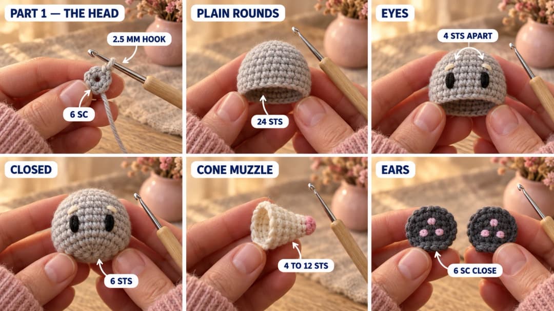 Step 1 of the crochet opossum amigurumi pattern: a grey cotton magic ring on a 2.5 mm hook, the head growing to 24 stitches and four plain rounds, two black oval eyes embroidered 4 stitches apart with little cream brows, a pointed cream cone muzzle with a pink tip for the nose, and two flat round charcoal ears with three pink dots