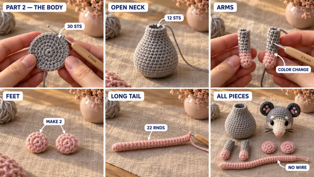 Step 2 of the crochet opossum amigurumi pattern: a grey body growing from a flat base to 30 stitches and narrowing to an open 12-stitch neck, two thin arms starting in pink for the paws and switching to grey, two round pink feet, and a long thin pink tail tube lying straight