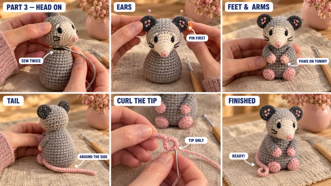 Step 3 of the crochet opossum amigurumi pattern: the head sewn onto the open neck with the muzzle pointing forward, the charcoal ears pinned on top, the pink feet sewn in front, the arms with pink paws resting on the tummy, the long pink tail sewn at the back and brought around one side with its tip curled into a loop, and the finished mini opossum sitting up