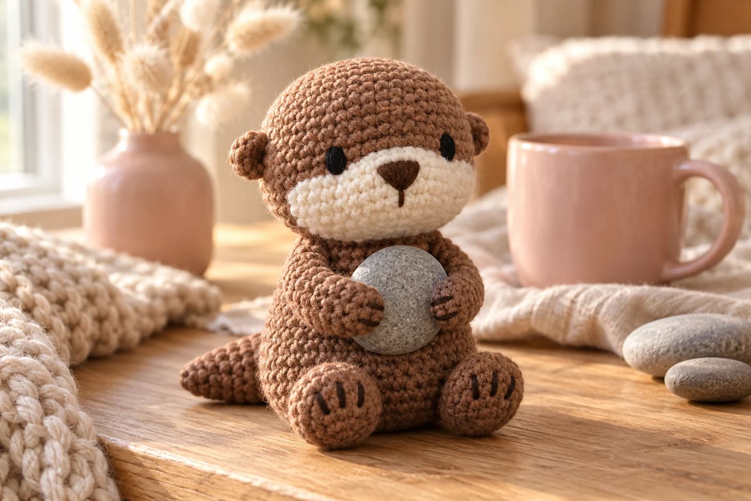 Crochet otter amigurumi pattern: a mini sitting brown crochet otter in cotton yarn with a round head, a wide cream muzzle with a dark brown triangle nose and a short line below, embroidered black oval eyes, two small round ears on the sides, both arms holding a round grey pebble against its tummy with little stitched claws on the paws, two round feet with toe lines in front and a short tapered tail out to the side, sitting on a light oak table in warm window light next to a blush pink mug, a few grey river stones and a pink vase of dried bunny tails