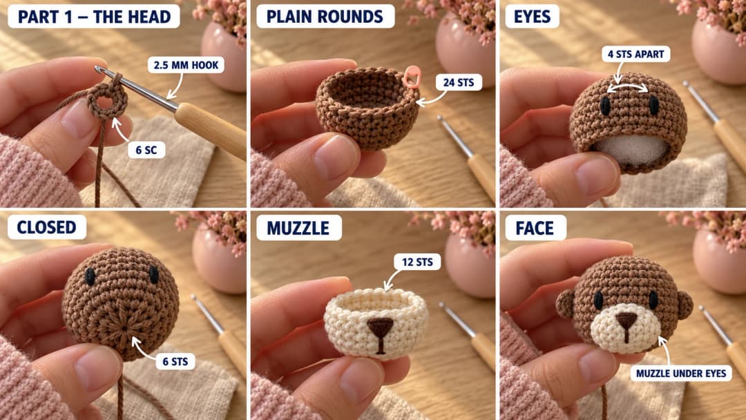 Step 1 of the crochet otter amigurumi pattern: a brown cotton magic ring on a 2.5 mm hook, the head growing to 24 stitches and five plain rounds, two black oval eyes embroidered 4 stitches apart while the head is still open, a small cream muzzle cup with a dark brown triangle nose and a short line below, and the wide muzzle and two small round ears sewn on the head under the eyes