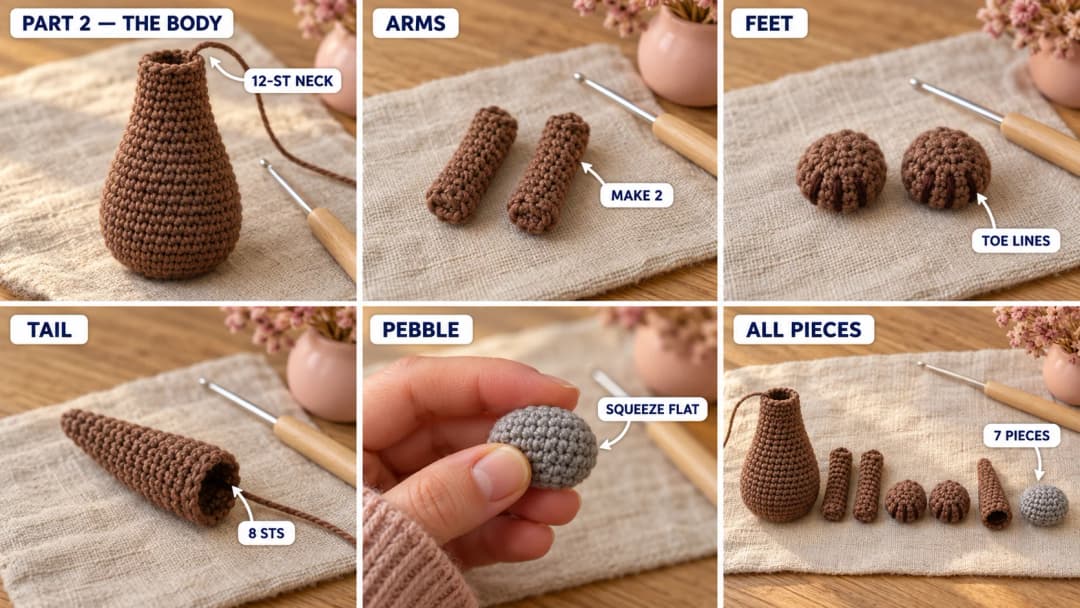 Step 2 of the crochet otter amigurumi pattern: a brown body growing from a flat base and narrowing to an open 12-stitch neck, two thin arms closed flat, two round feet with three dark brown toe lines, a tapered tail with an 8-stitch opening, a small grey pebble squeezed flat between the fingers, and the seven pieces lined up