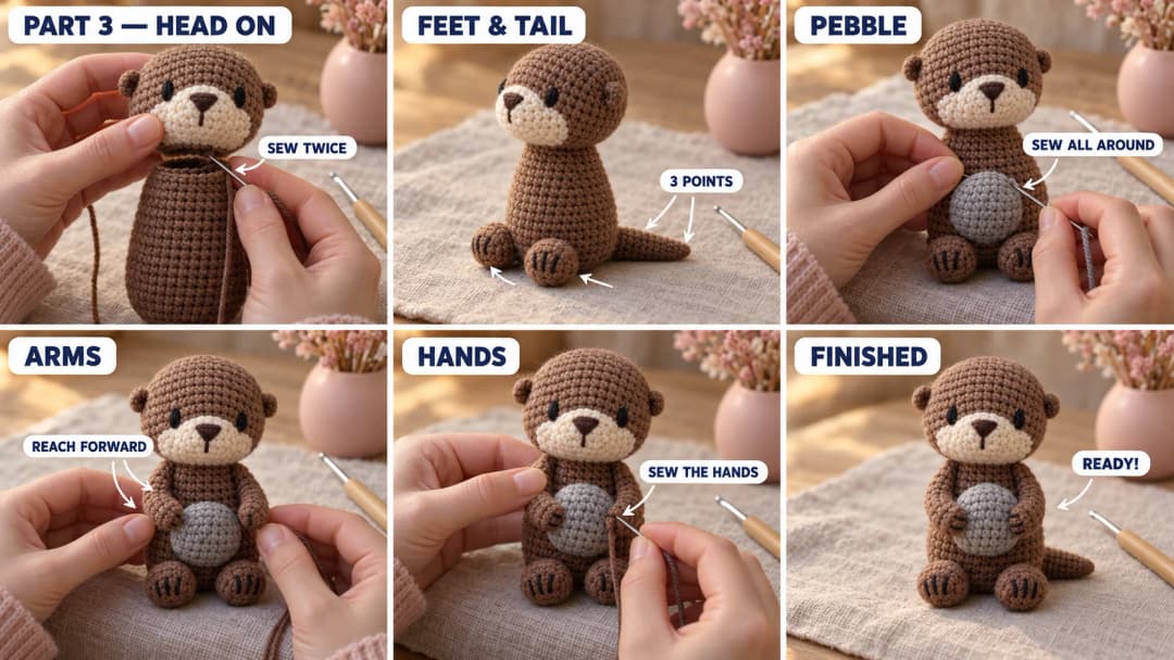 Step 3 of the crochet otter amigurumi pattern: the head sewn onto the open neck, the round feet sewn in front pointing forward, the tail sewn at the back touching the table, the grey pebble sewn against the tummy, both arms reaching forward with the hands sewn to the pebble, and the finished mini otter sitting up