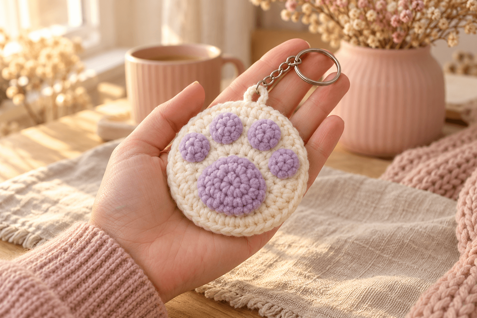 Cream chenille crochet paw keychain with four small raised lilac toe pads arranged in an arc above a larger round lilac center pad, a softly padded circular base and a short silver keychain attached at the top, held face forward over a light oak table