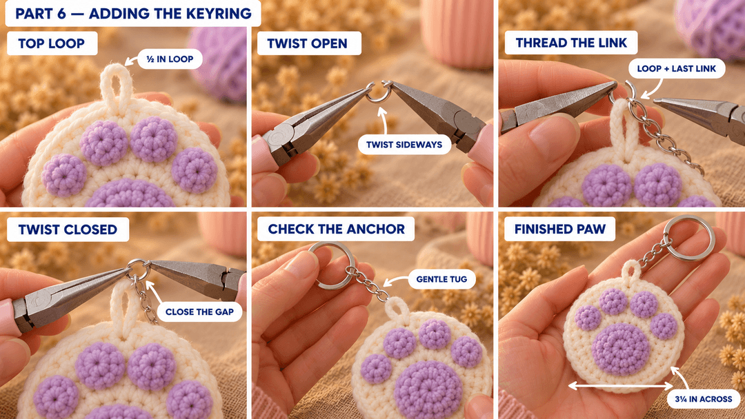 Finished paw keychain and the steps for twisting the jump ring closed