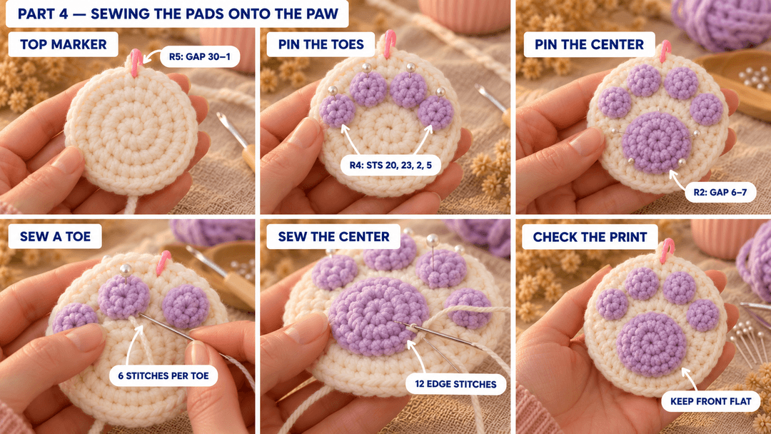 Four lilac toe pads and the larger center pad pinned and sewn to the cream front