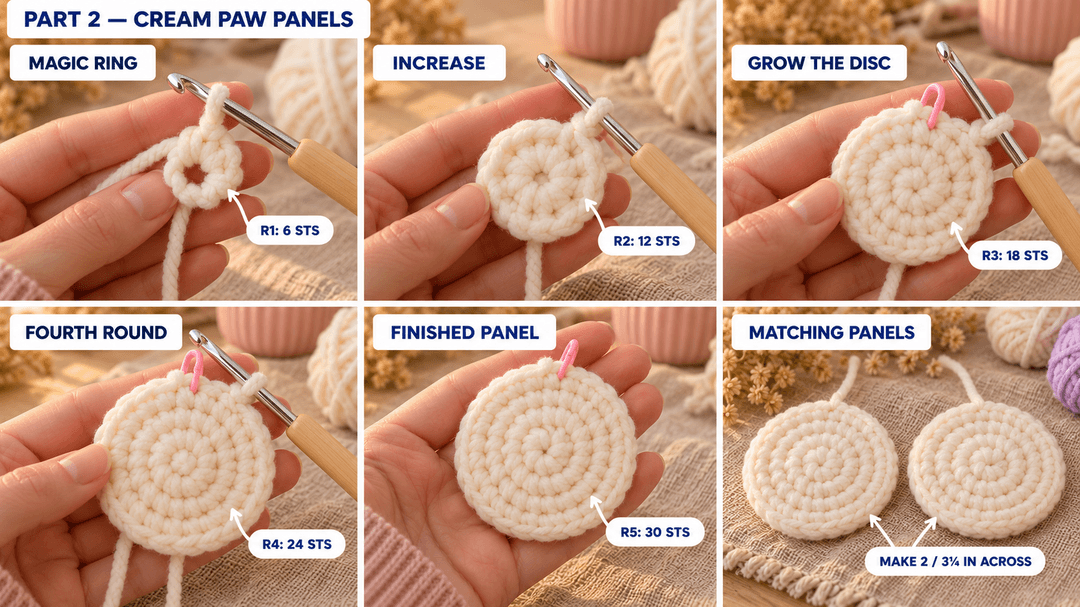Cream paw panels growing from R1 with 6 stitches to R5 with 30 stitches