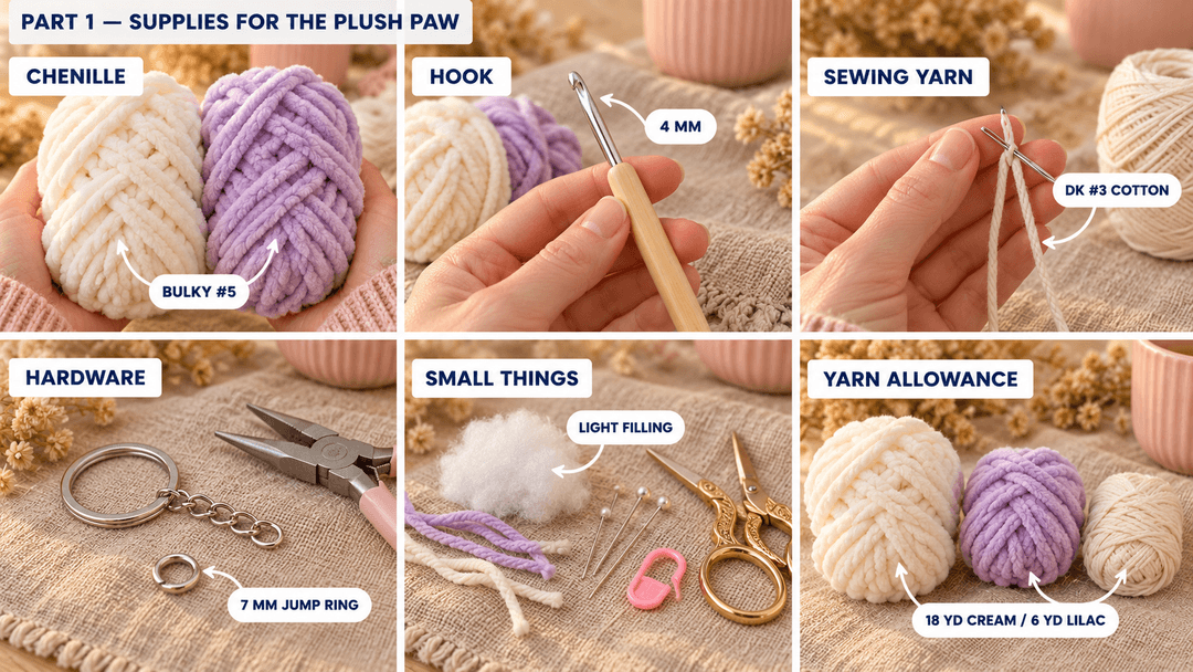 Supplies for the cream and lilac crochet paw keychain