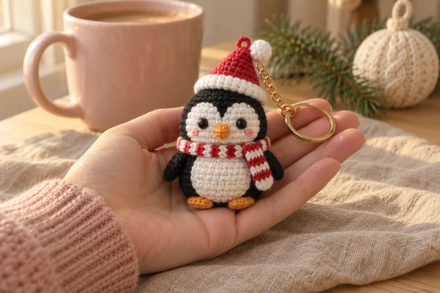 Crochet penguin keychain in an open palm: a mini black amigurumi penguin with a white heart-shaped face, two black eyes, a small orange beak and pink cheeks, a big round white belly on a rounded tummy, two black flippers and two orange feet, wearing a red Santa hat with a puffy white brim and pompom and a red and white striped scarf, a short gold chain and key ring attached at the tip of the hat