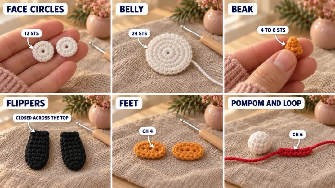 Step 1 of the crochet penguin keychain in six photos: two small white circles of 12 stitches with a tiny hole in the center, a flat white belly circle, a tiny orange beak cone, two flat black flippers, two little orange oval feet, a small white pompom and a short red chain with a long tail at each end
