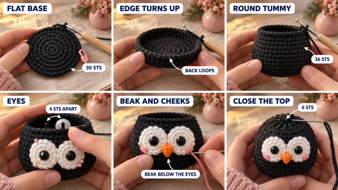 Step 2 of the crochet penguin keychain in six photos: a black magic ring growing into a flat black base, the edge turned up in the back loops, the body rounding out into a tummy and narrowing at the neck into an open black cup, two white face circles held on by black safety eyes between rounds 16 and 17, the orange beak sewn where the circles meet with two pink cheek stitches, and the black body closed at the crown